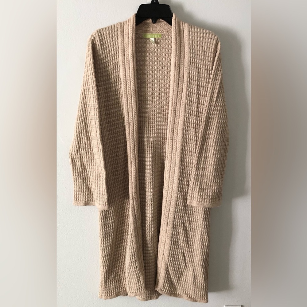 Sigrid Olsen Tan Long Knit Open-Front Cardigan Sweater Fall Casual